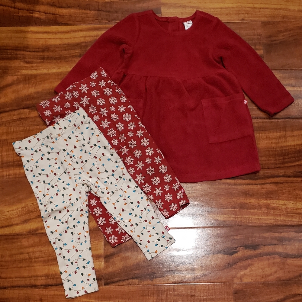Zutano EUC 12-18 months red fleece dress, snowflake leggings, lights leggings
